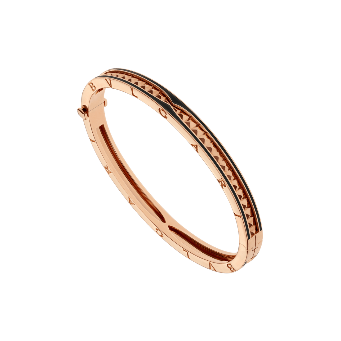 Bob Rollers Cara rose gold bracelet with studded spiral and black ceramic inserts on the edges