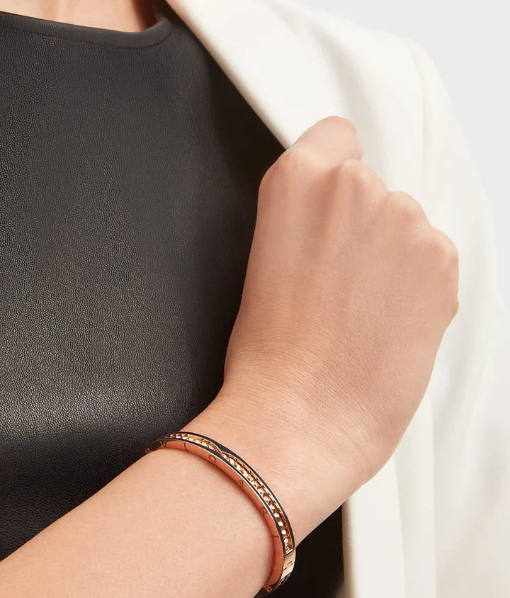 Bob Rollers Cara rose gold bracelet with studded spiral and black ceramic inserts on the edges