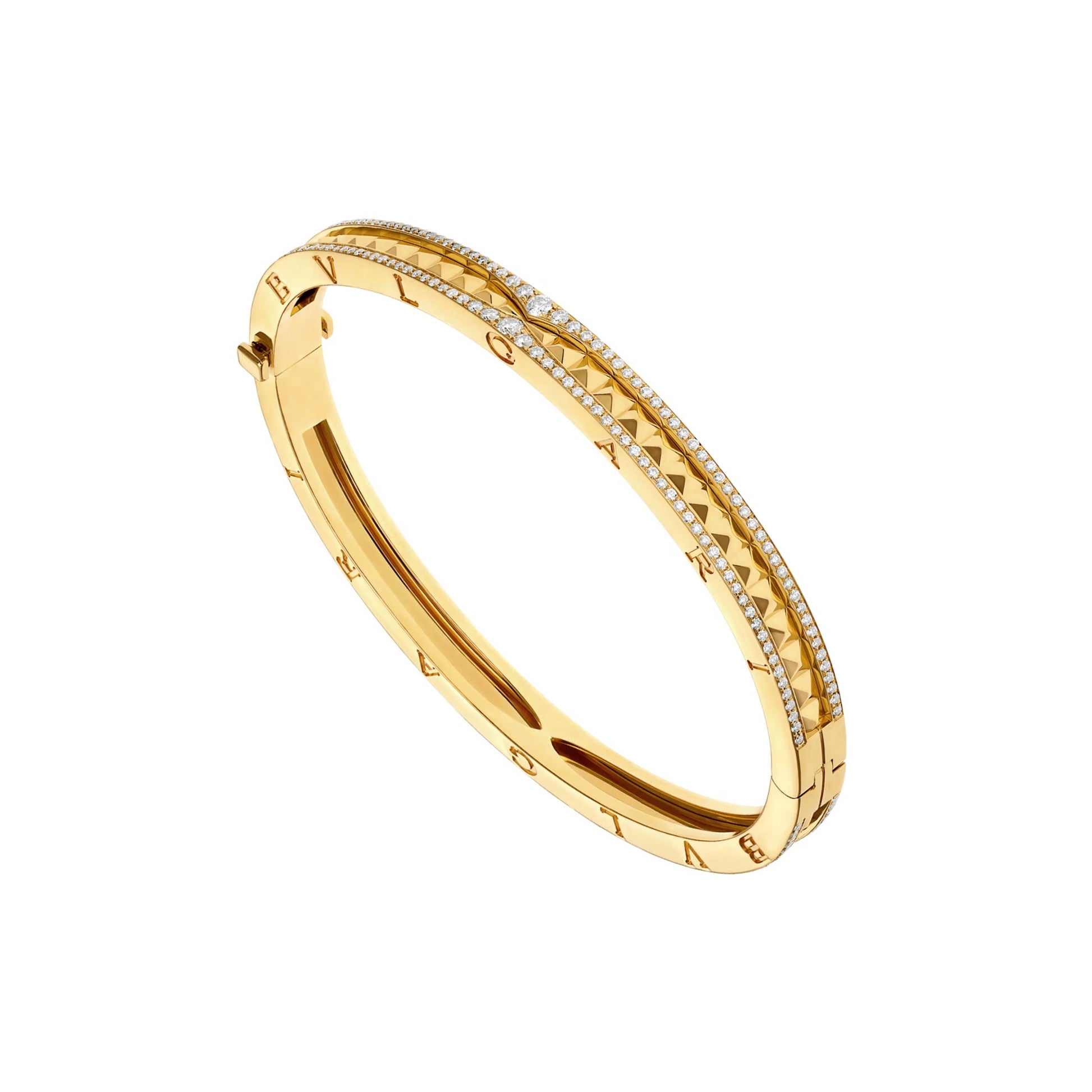 Bob Rollers Cara yellow gold bracelet with studded spiral and pavé diamonds on the edges