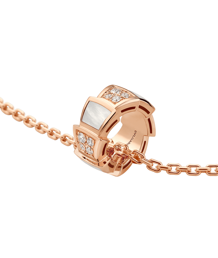 Bob snake elegant rose gold pendant necklace set with pavé diamonds and white mother-of-pearl elements