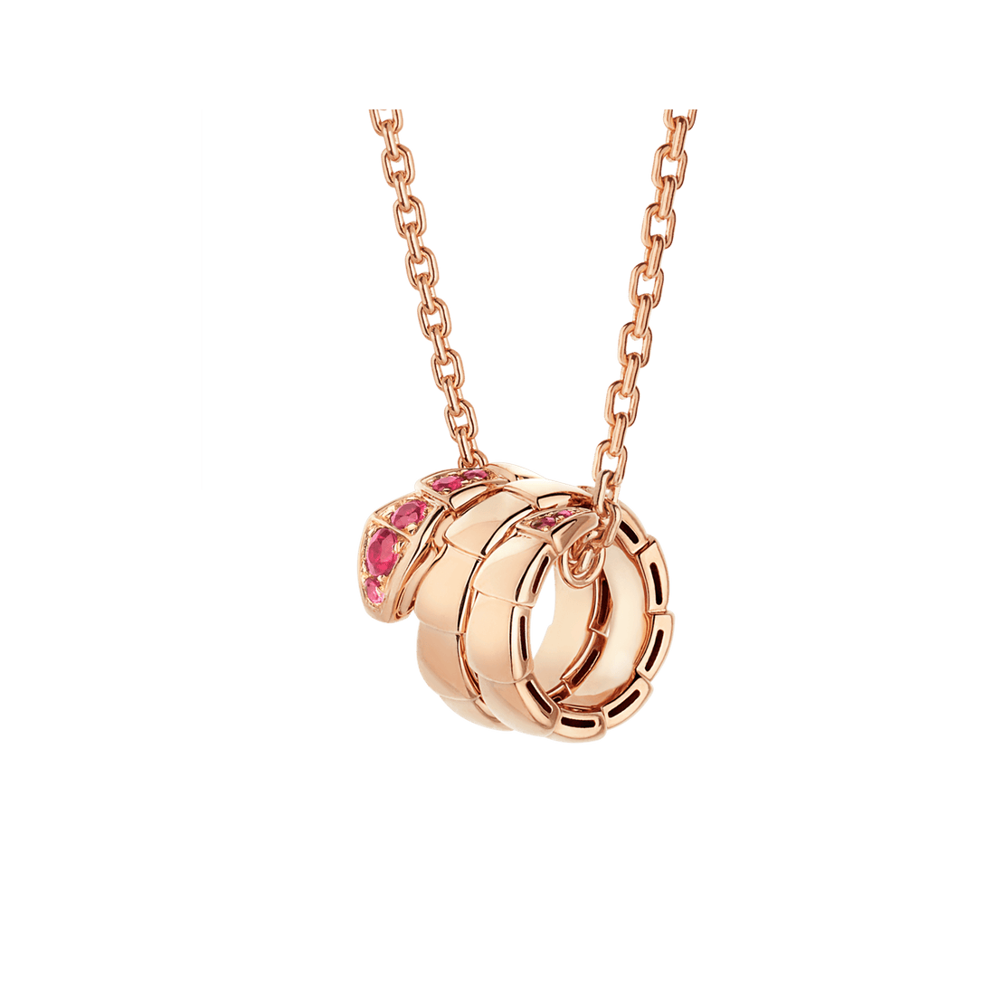 Bob Snake elegant rose gold pendant necklace set with rubies on the head.