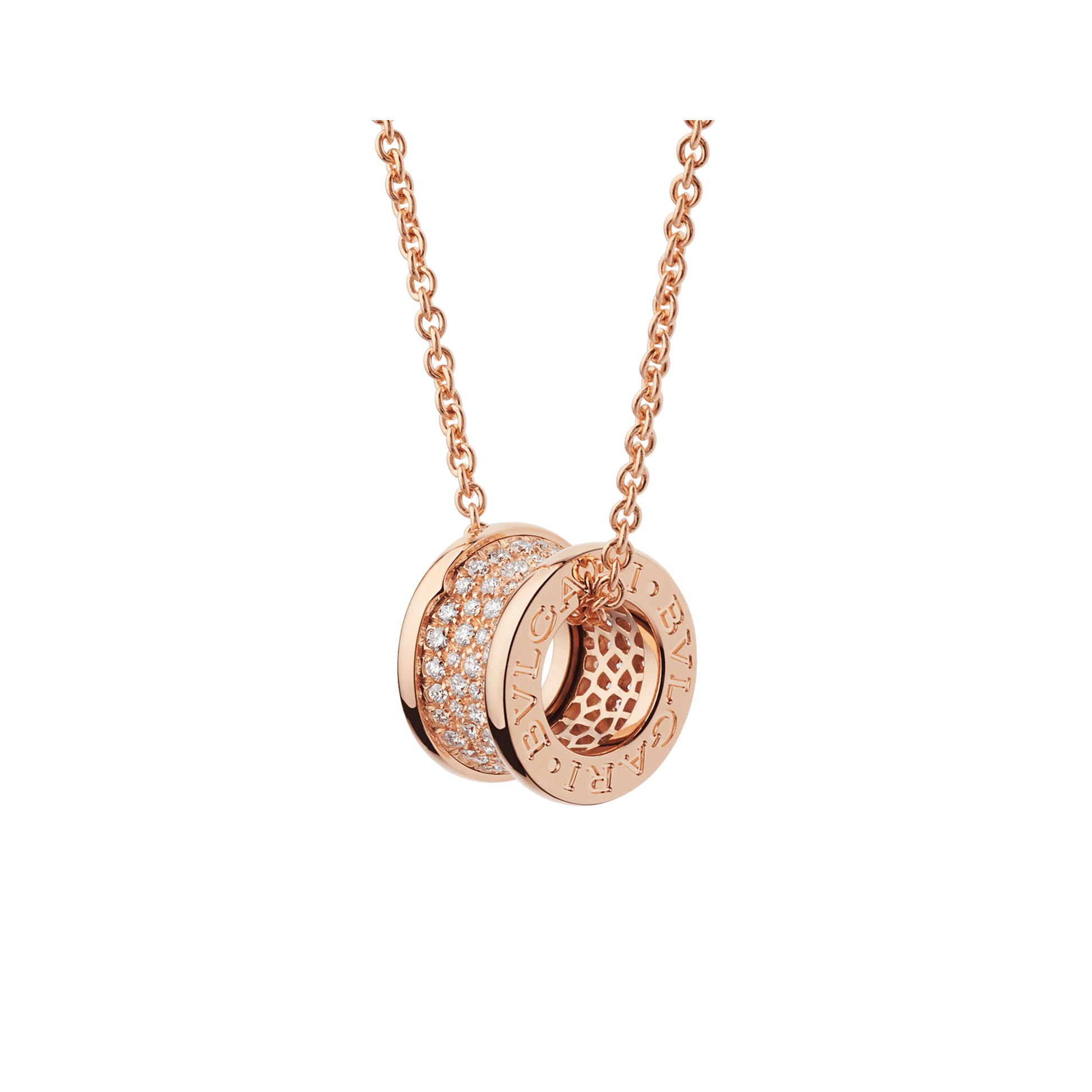 Bob Rollers Adolph necklace with 18 kt rose gold chain and rose gold pendant set with pavé diamonds on the spiral.