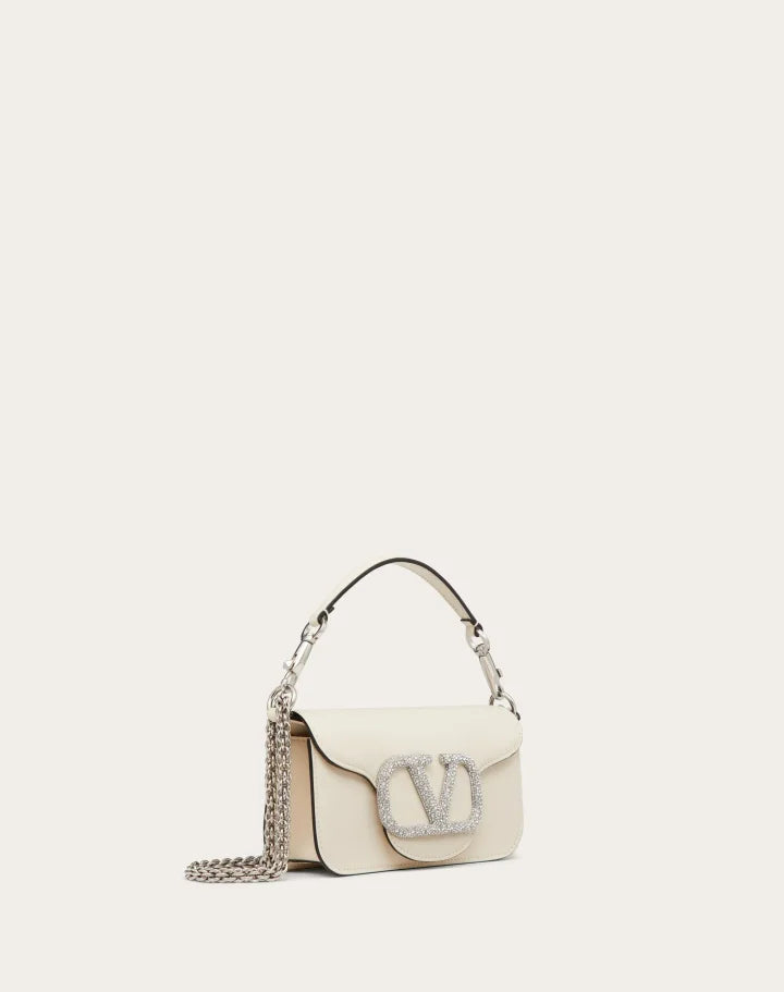 VALENTINO GARAVANI LOCÒ SMALL SHOULDER BAG WITH JEWEL LOGO LIGHT IVORY