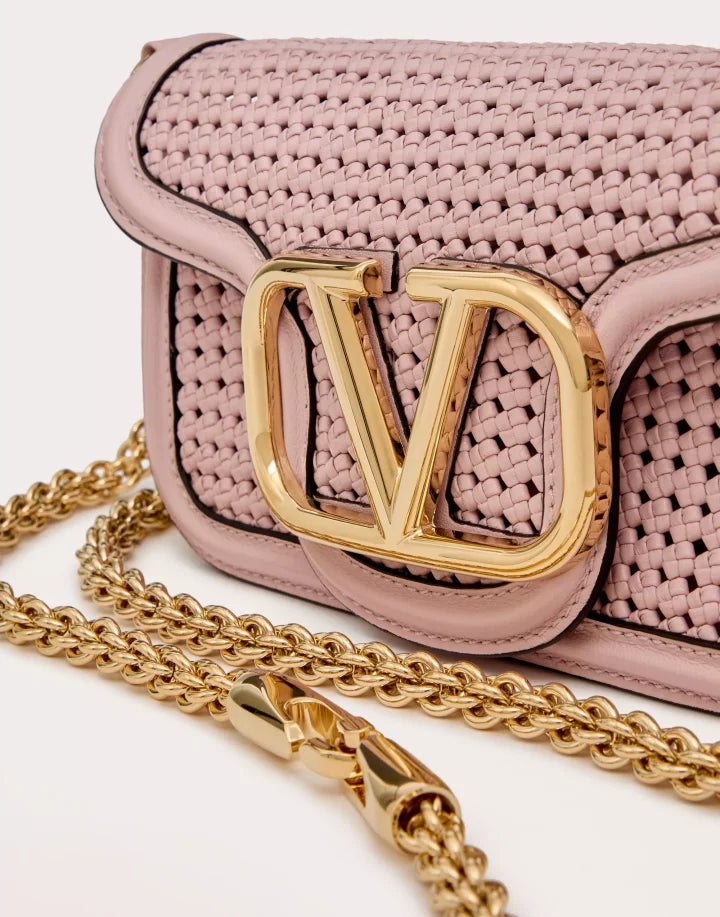 VALENTINO GARAVANI LOCÒ SMALL WOVEN LEATHER SHOULDER BAG ROSE QUARTZ