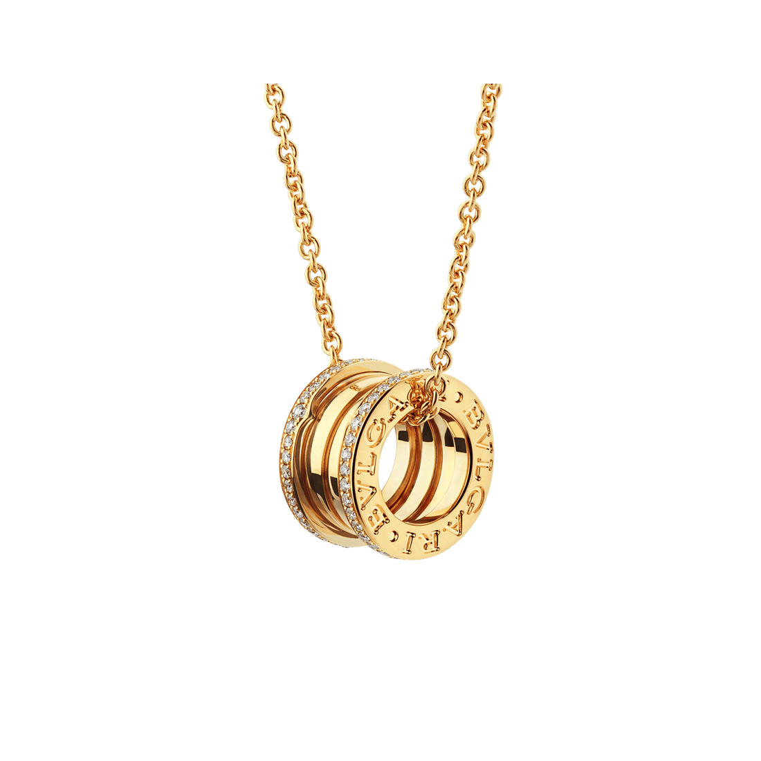 Bob Rollers Adolph yellow gold chain and yellow gold round pendant set with pavé diamonds on the edges