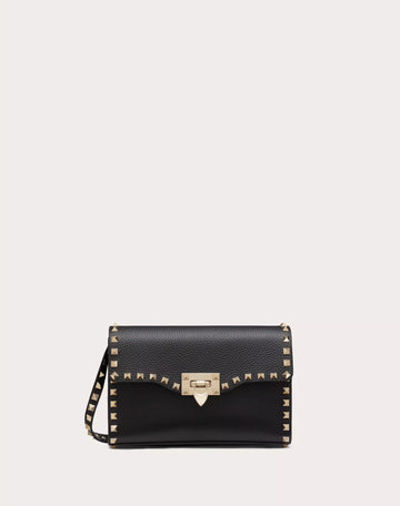 SMALL ROCKSTUD GRAINY CALFSKIN CROSSBODY BAG BLACK