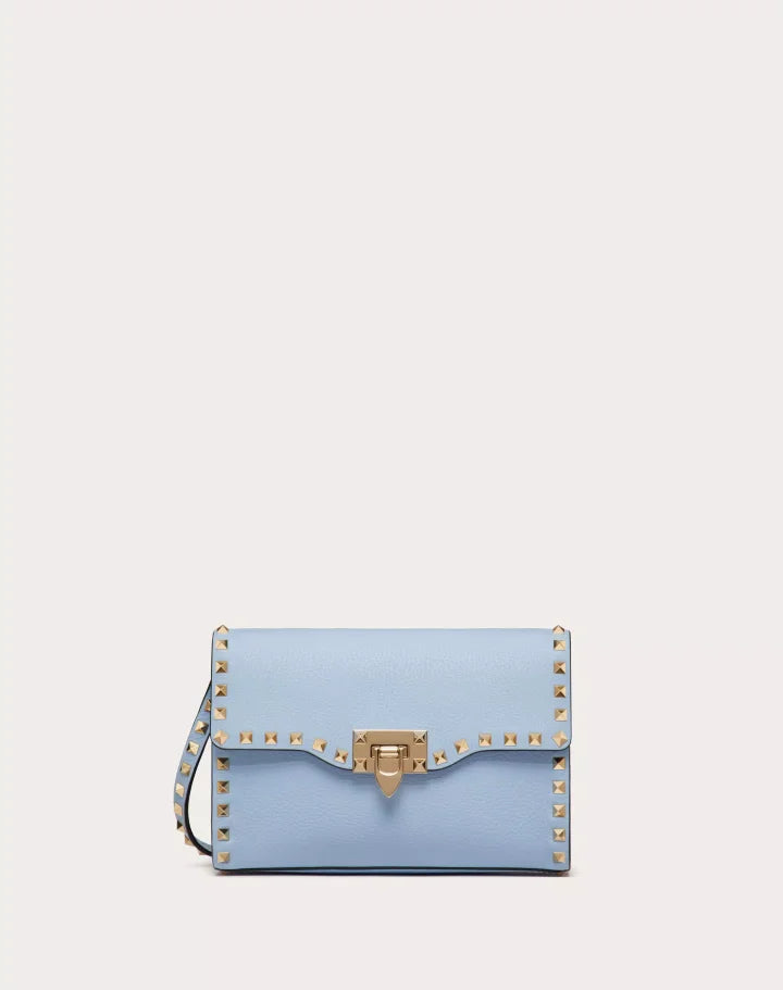 SMALL ROCKSTUD GRAINY CALFSKIN CROSSBODY BAG ALMOND