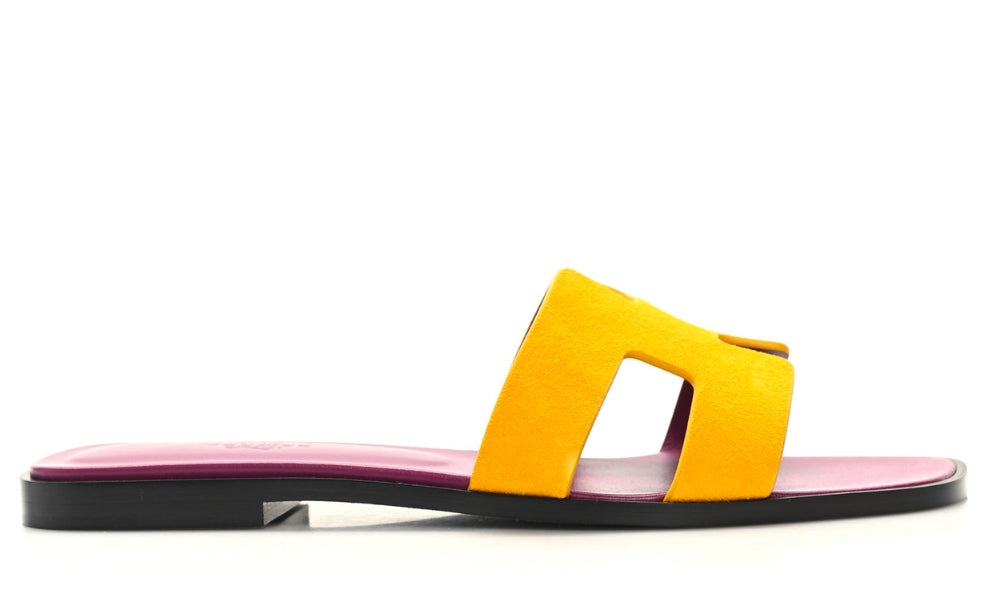 HERMES Suede Goatskin Oran Sandals Jaune Topaze