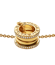 Bob Rollers Adolph yellow gold chain and yellow gold round pendant set with pavé diamonds on the edges