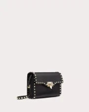 SMALL ROCKSTUD GRAINY CALFSKIN CROSSBODY BAG BLACK