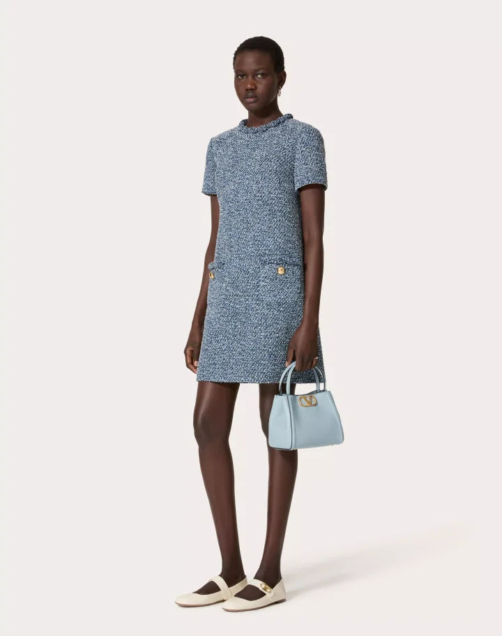 VALENTINO GARAVANI ALLTIME SMALL HANDBAG IN GRAINY CALFSKIN PORCELAIN BLUE