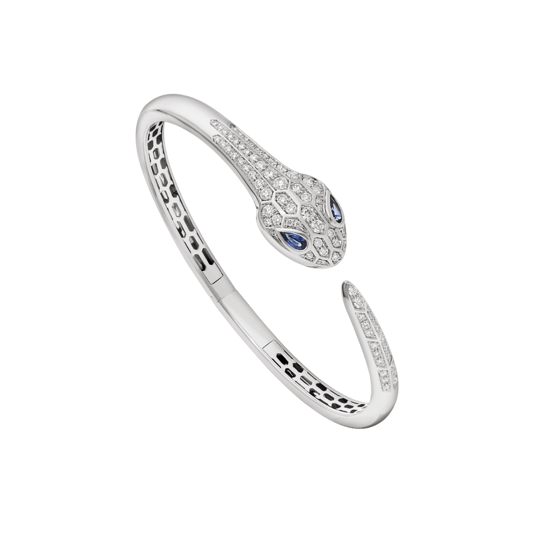 Bob snake Loren white gold bangle bracelet set with blue sapphire eyes