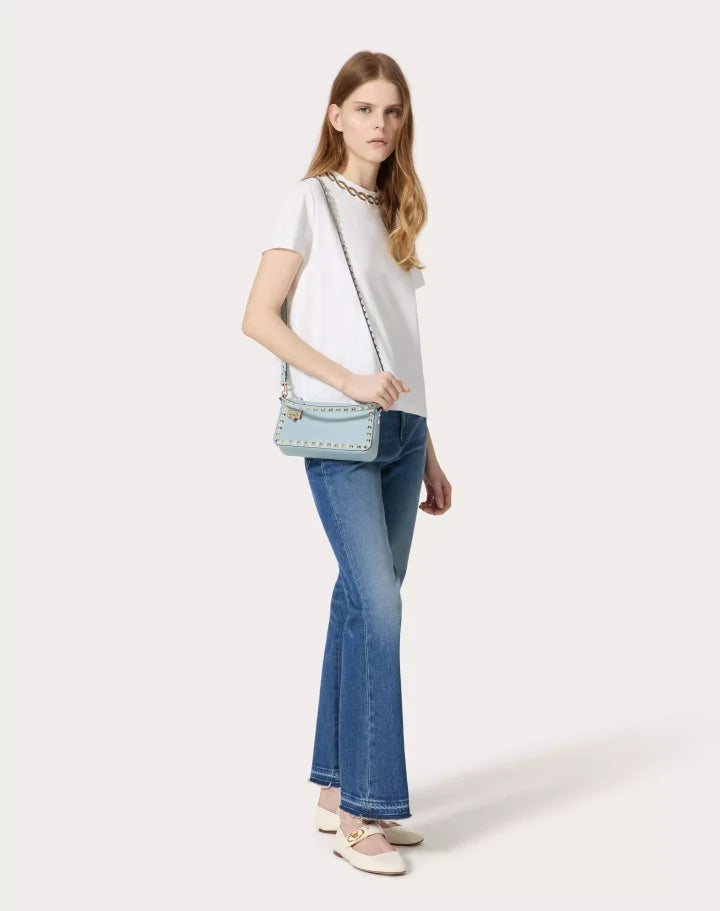SMALL ROCKSTUD GRAINY CALFSKIN CROSSBODY BAG PORCELAIN BLUE