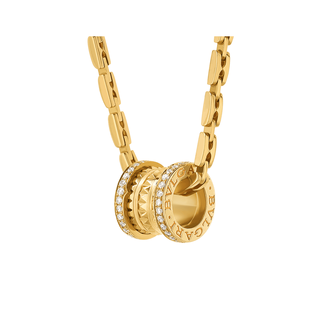 Bob Rollers Adolph yellow gold pendant necklace with studded spiral set with pavé diamonds on the edges