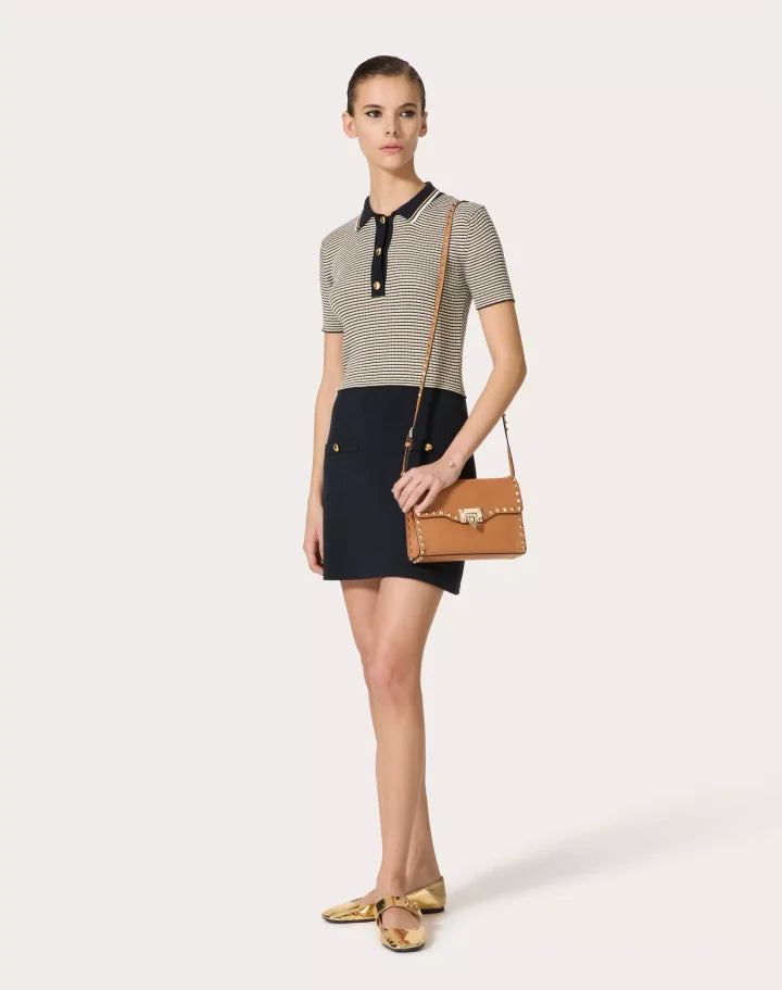 SMALL ROCKSTUD GRAINY CALFSKIN CROSSBODY BAG ALMOND