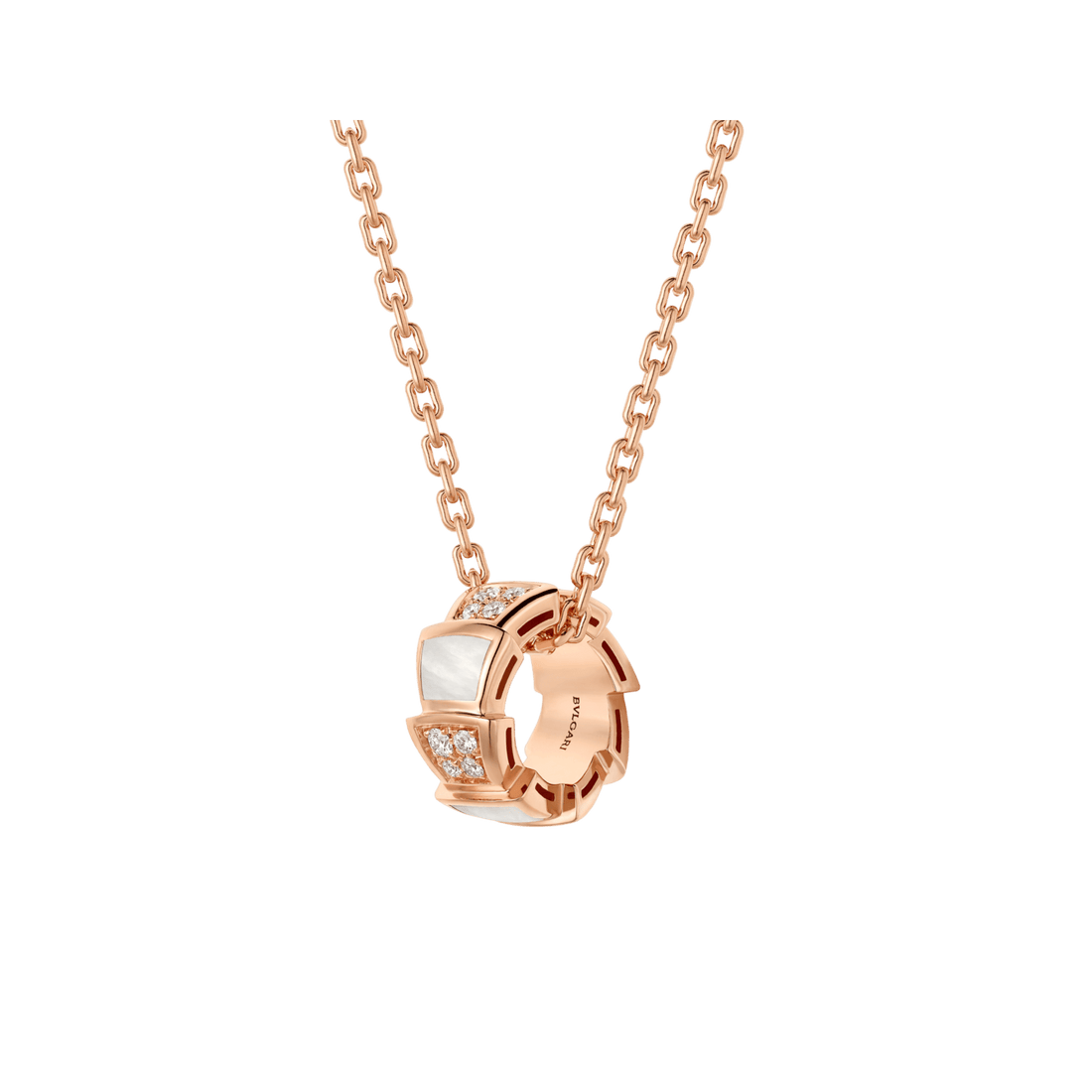 Bob snake elegant rose gold pendant necklace set with pavé diamonds and white mother-of-pearl elements