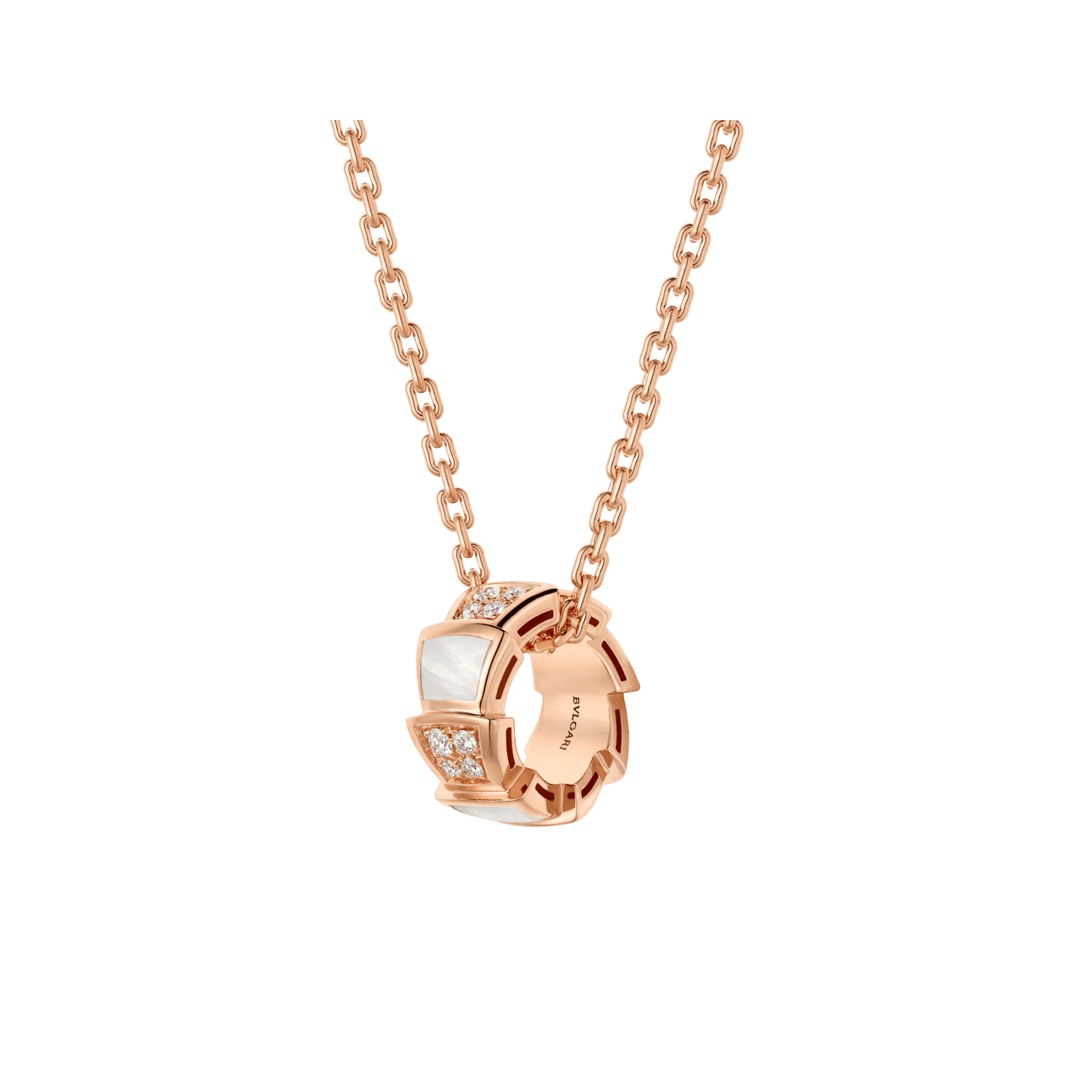 Bob snake elegant rose gold pendant necklace set with pavé diamonds and white mother-of-pearl elements