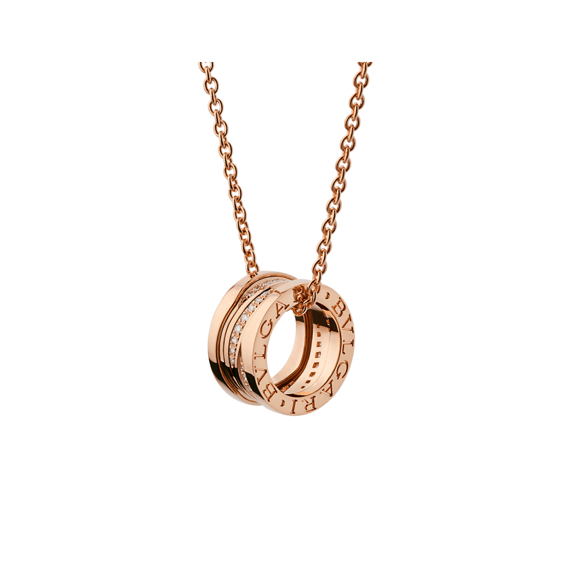 Bob Rollers Adolph necklace with rose gold pendant set with pavé diamonds on the spiral and rose gold chain
