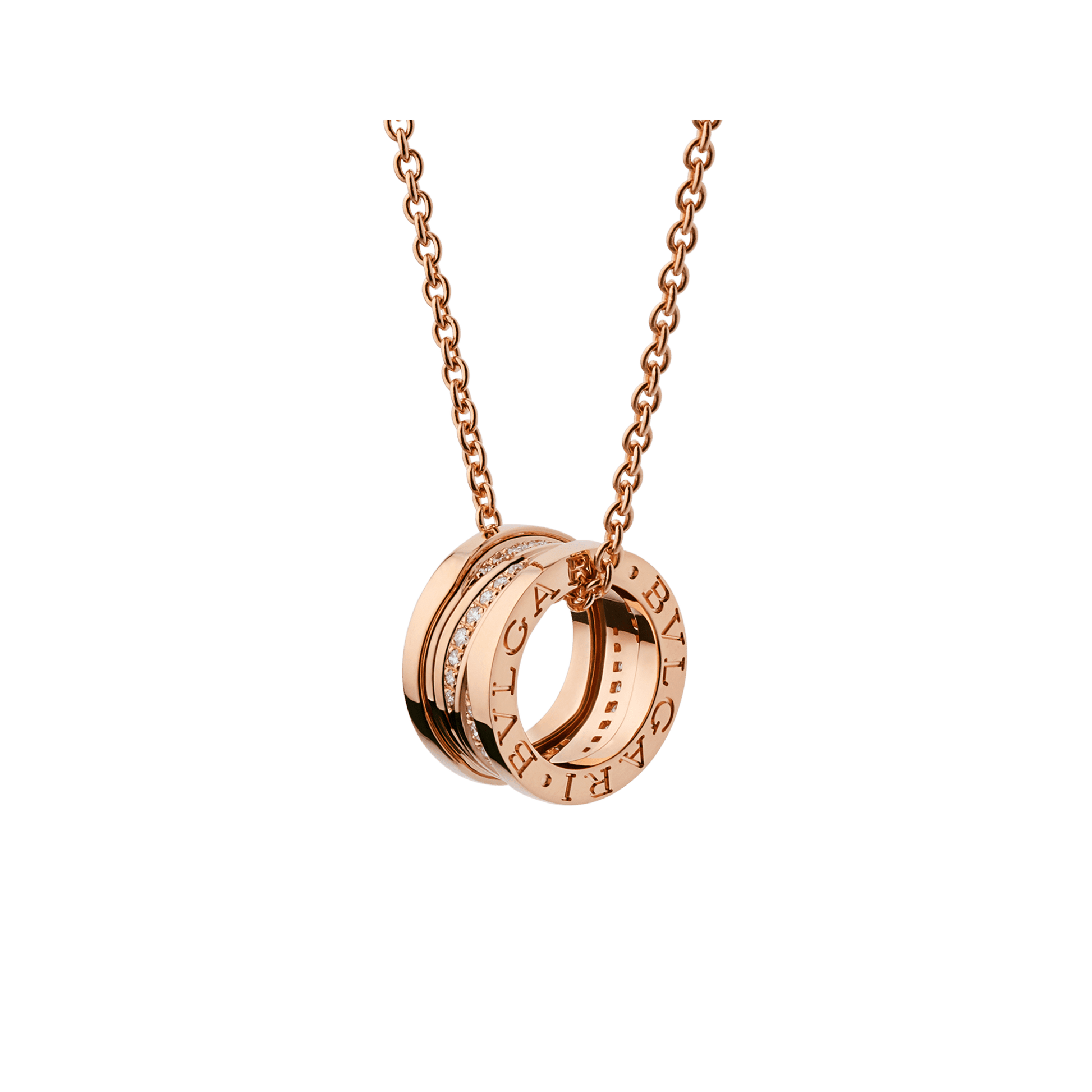 Bob Rollers Adolph necklace with rose gold pendant set with pavé diamonds on the spiral and rose gold chain
